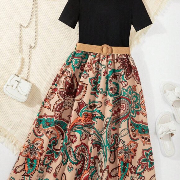 Girls Boho Maxi Dress w/ Belt | Sizes 5Y–9Y | Black Top & Paisley Skirt - Picture 6 of 7